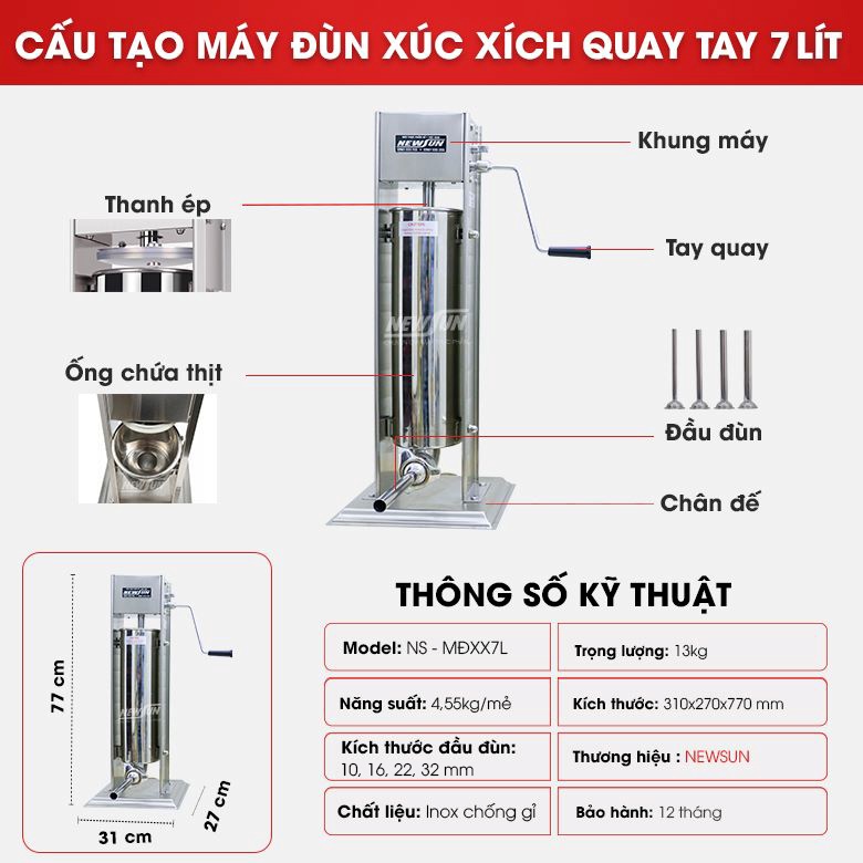 Cấu tạo máy đùn xúc xích quay tay