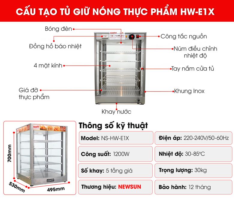Cấu tạo chi tiết tủ giữ nóng thực phẩm HW-E1X