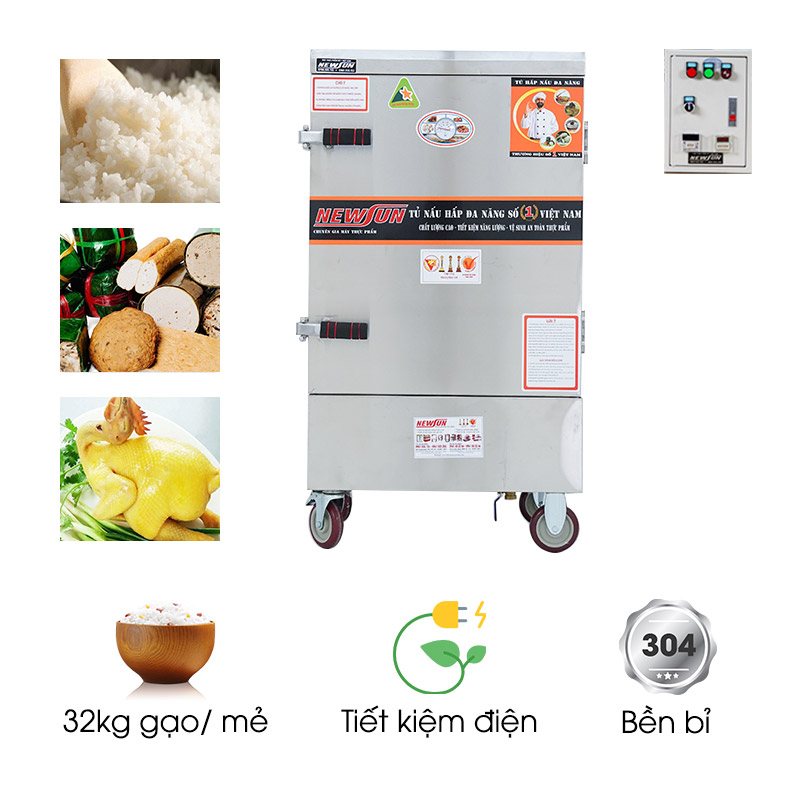 Tủ nấu cơm công nghiệp 8 khay dùng điện Việt Nam (32kg gạo/mẻ)