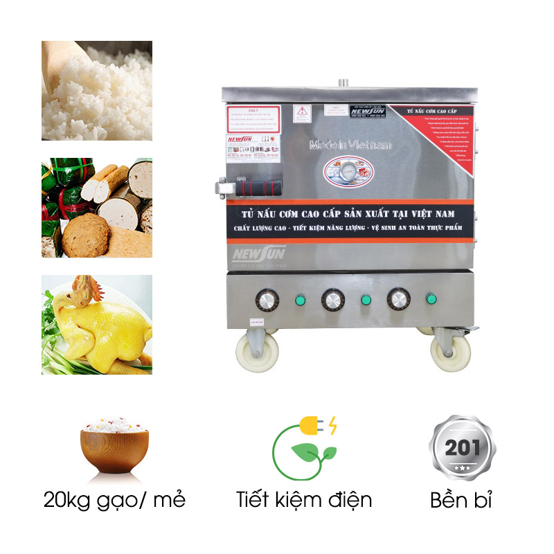Tủ nấu cơm 4 khay dùng điện Việt Nam (chất liệu inox 201)