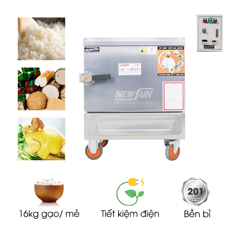 Tủ nấu cơm 4 khay dùng điện inox 201 (16kg/mẻ)