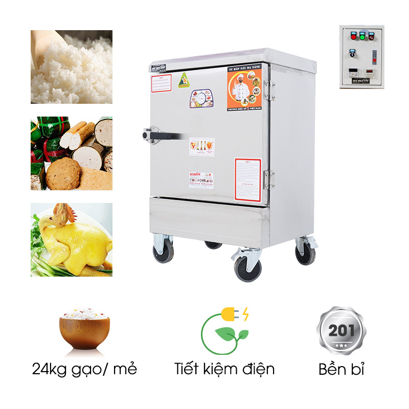 Tủ nấu cơm 6 khay dùng điện inox 201 (24kg gạo/mẻ)