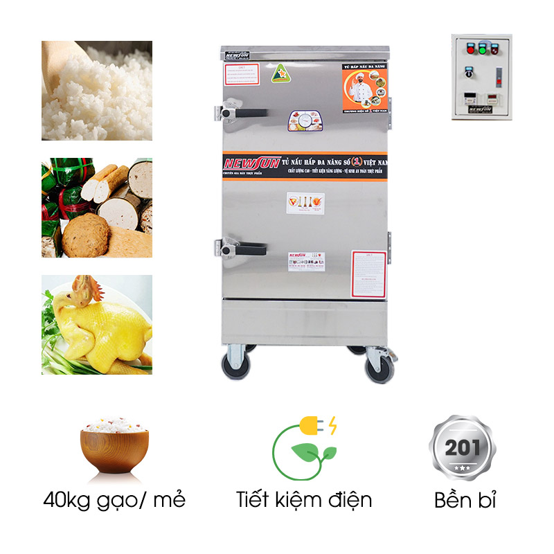 Tủ nấu cơm 10 khay dùng điện inox 201 (40kg gạo/mẻ)