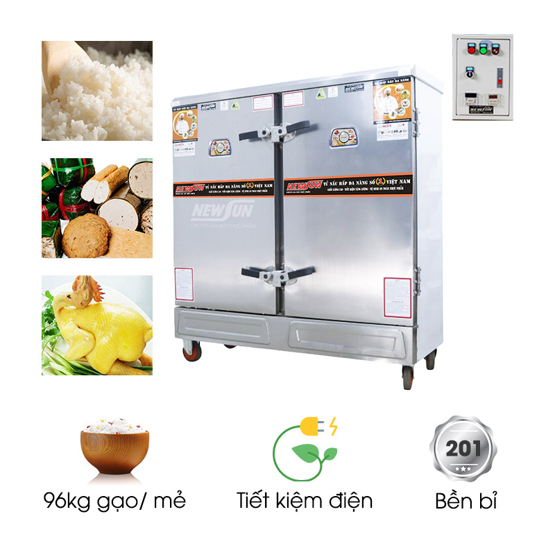 Tủ nấu cơm 24 khay dùng điện inox 201 (96kg gạo/mẻ)