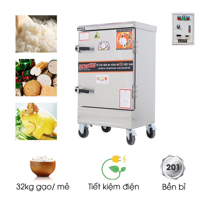 Tủ nấu cơm 8 khay dùng điện inox 201 (32kg gạo/mẻ)