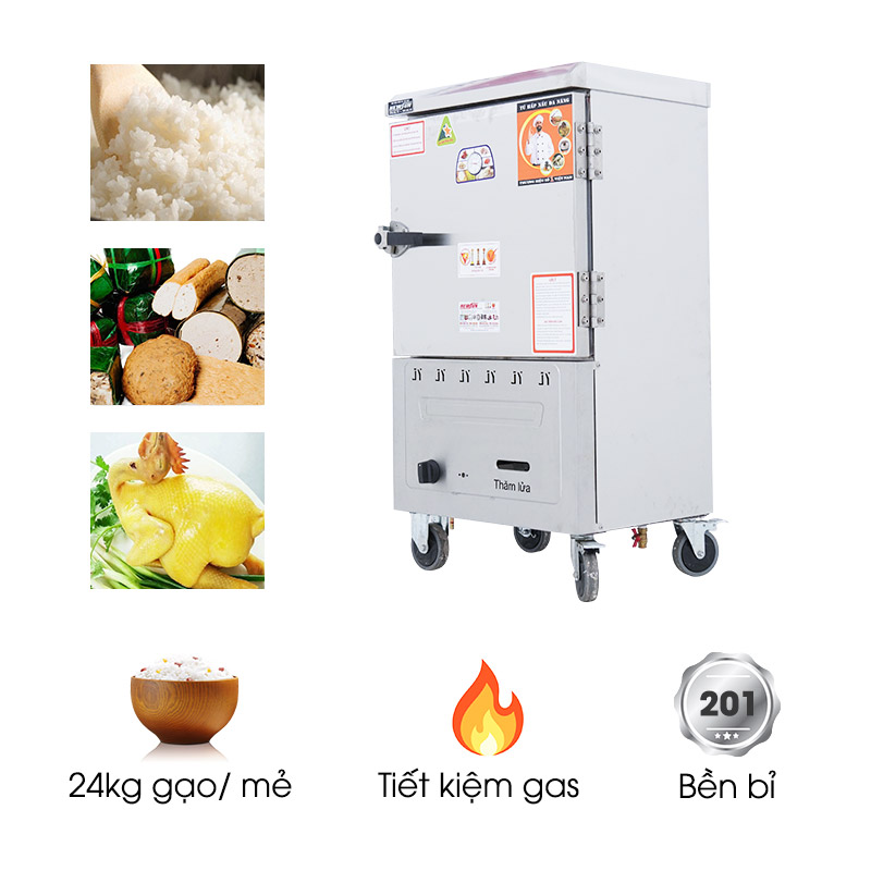 Tủ nấu cơm 6 khay dùng gas inox 201 (24kg gạo/mẻ)