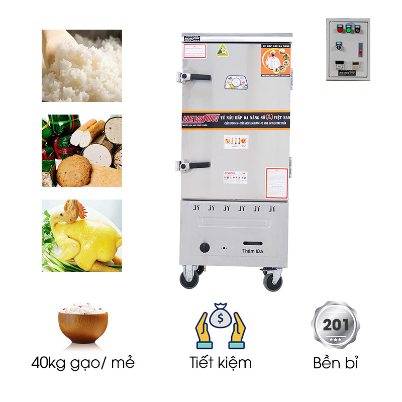 Tủ nấu cơm 10 khay dùng điện và gas inox 201 (40kg gạo/mẻ)