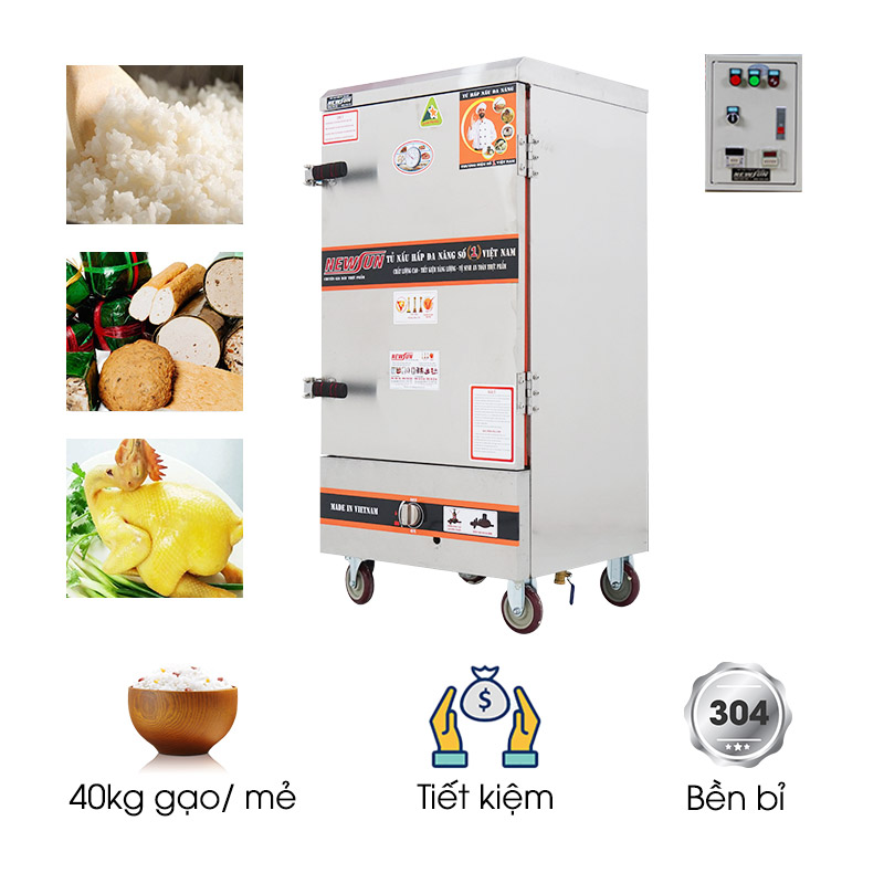 Tủ nấu cơm 10 khay dùng điện và gas Việt Nam (40kg gạo/mẻ)