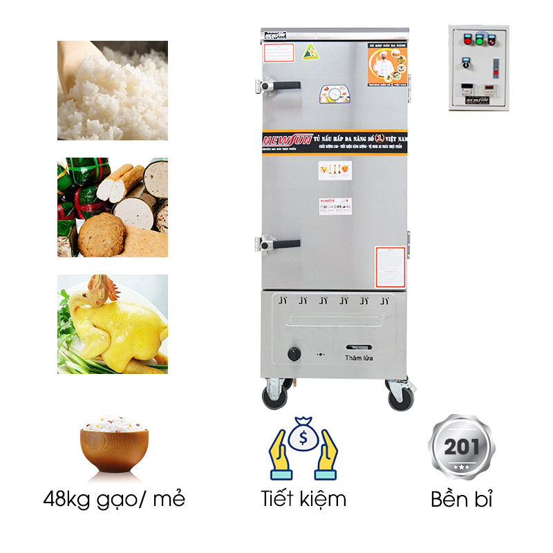 Tủ nấu cơm 12 khay dùng điện và gas inox 201 (48kg gạo/mẻ)