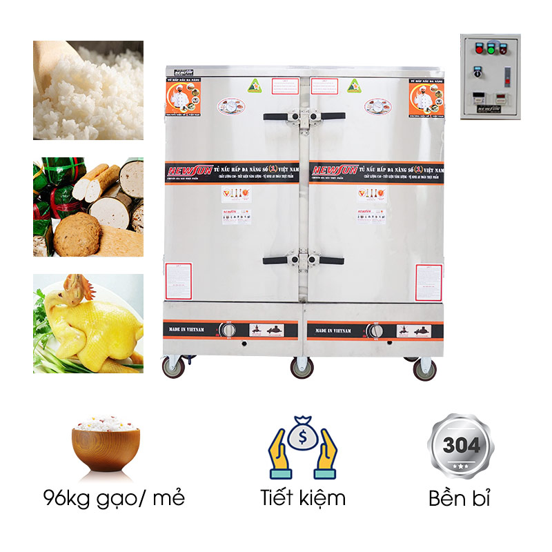 Tủ nấu cơm 24 khay dùng điện và gas Việt Nam (96kg gạo/mẻ)