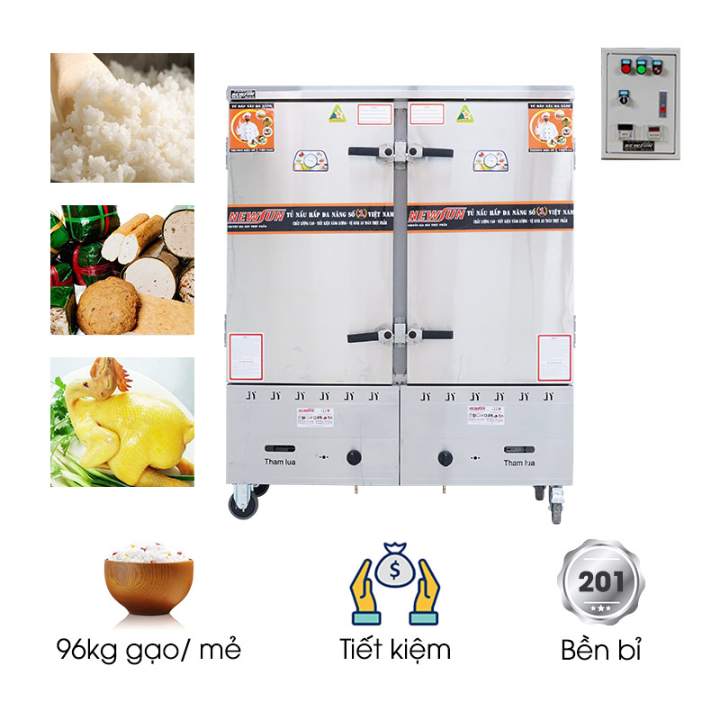 Tủ nấu cơm 24 khay dùng điện và gas inox 201 (96kg gạo/mẻ)