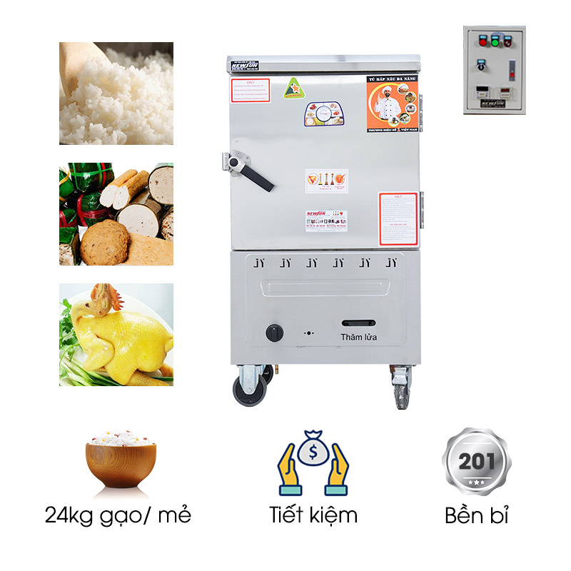 Tủ nấu cơm 6 khay dùng điện & gas inox 201 (24kg gạo/mẻ)