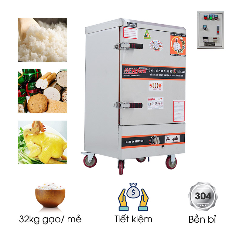 Tủ nấu cơm 8 khay dùng điện và gas Việt Nam (32kg gạo/mẻ)
