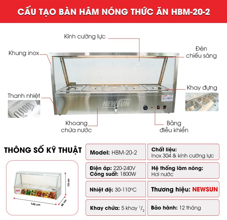 Cấu tạo tủ hâm nóng thức ăn có kính HBM-20-2