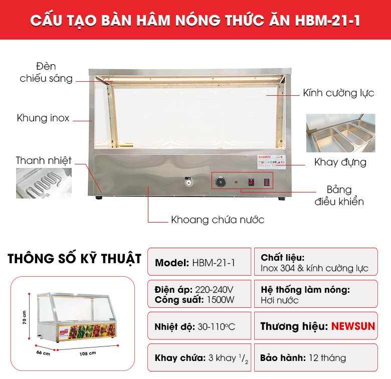 Cấu tạo tủ hâm nóng thức ăn có kính HBM-21-1