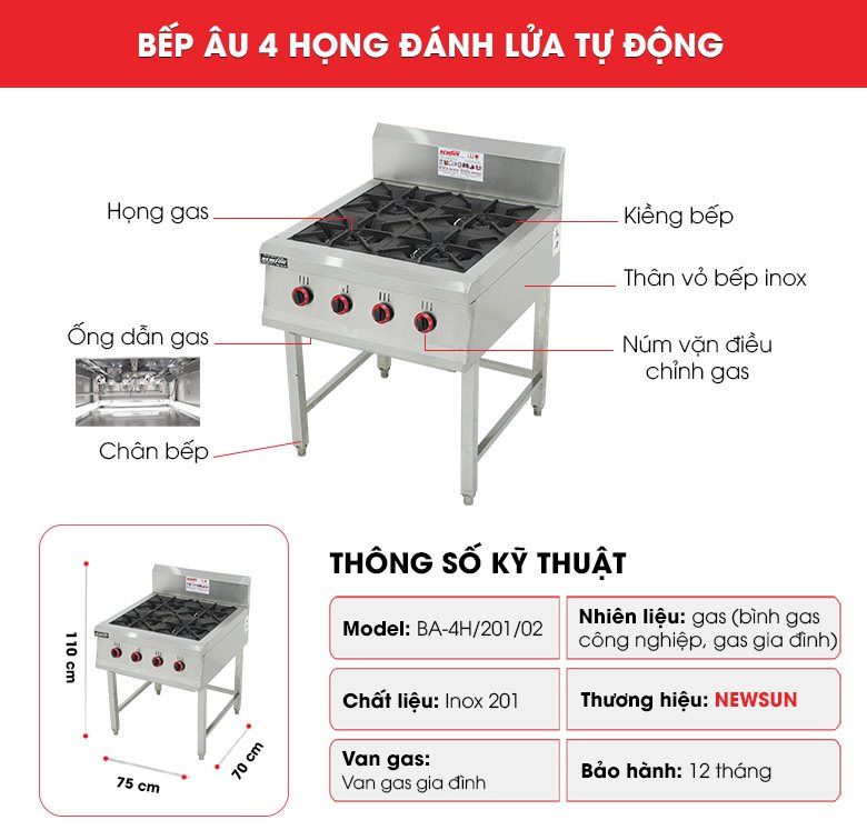 Cấu tạo bếp âu 4 họng đánh lửa tự động