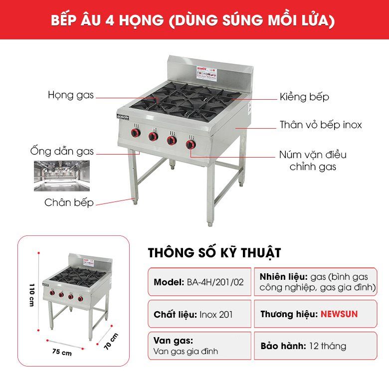 Cấu tạo của bếp âu 4 họng (dùng súng mồi lửa)