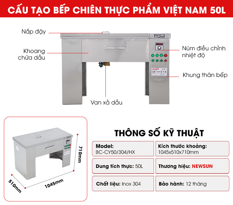 Cấu tạo bếp chiên thực phẩm Việt Nam 50 lít (inox 304)
