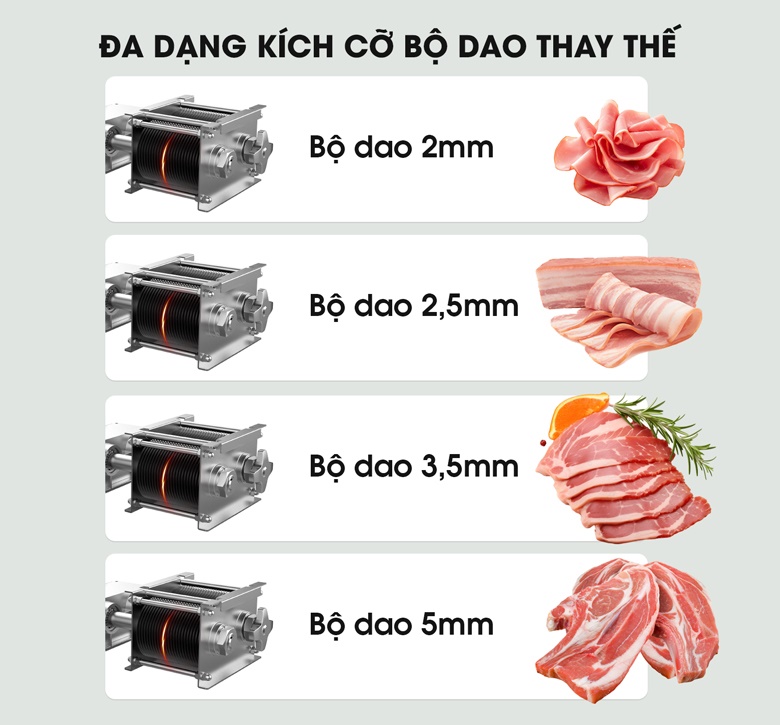 Thay được bộ dao với nhiều kích cỡ cắt lát khác nhau Thay được bộ dao với nhiều kích cỡ cắt lát khác nhau