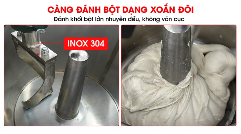 Càng đánh bột thiết kế dạng xoắn đôi chắc chắn, chất liệu inox 304 Càng đánh bột thiết kế dạng xoắn đôi chắc chắn, chất liệu inox 304