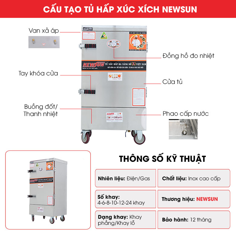 Cấu tạo, thông số kỹ thuật của tủ hấp xúc xích 