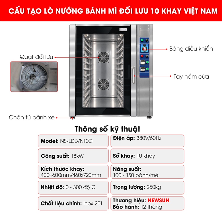 Cấu tạo lò nướng bánh mì đối lưu 10 khay Việt Nam