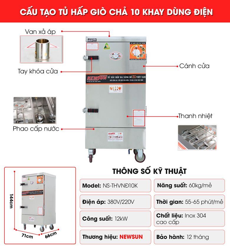 Cấu tạo tủ hấp giò chả 10 khay dùng điện