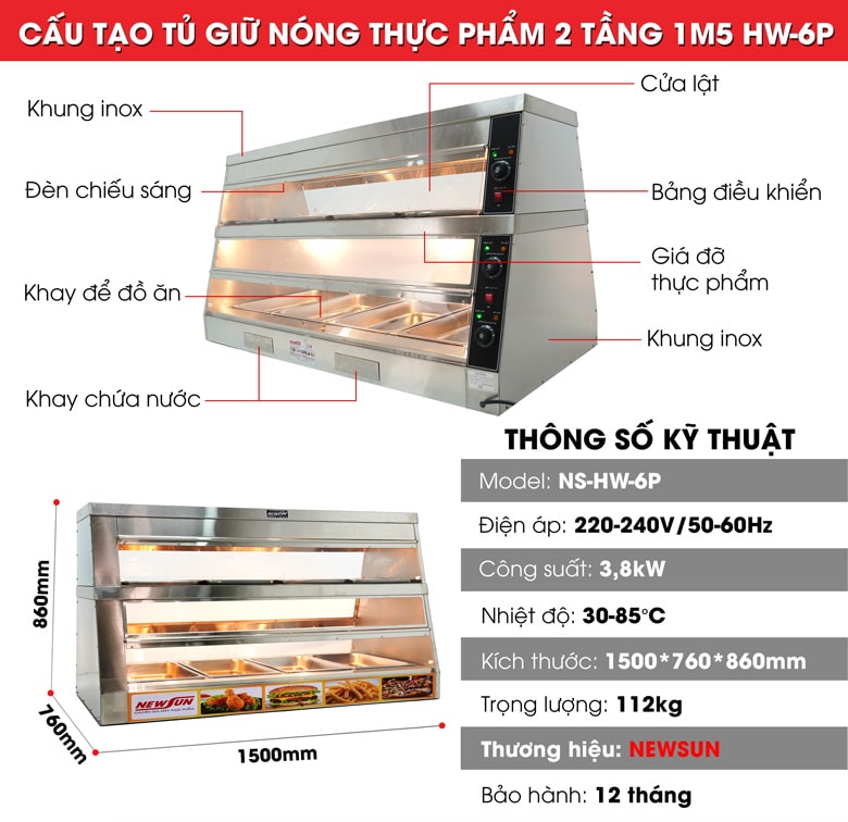 Cấu tạo tủ giữ nóng 2 tầng nhiệt độc lập HW-6P