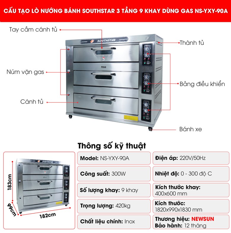 Cấu tạo lò nướng bánh ngọt dùng gas 3 tầng 9 khay