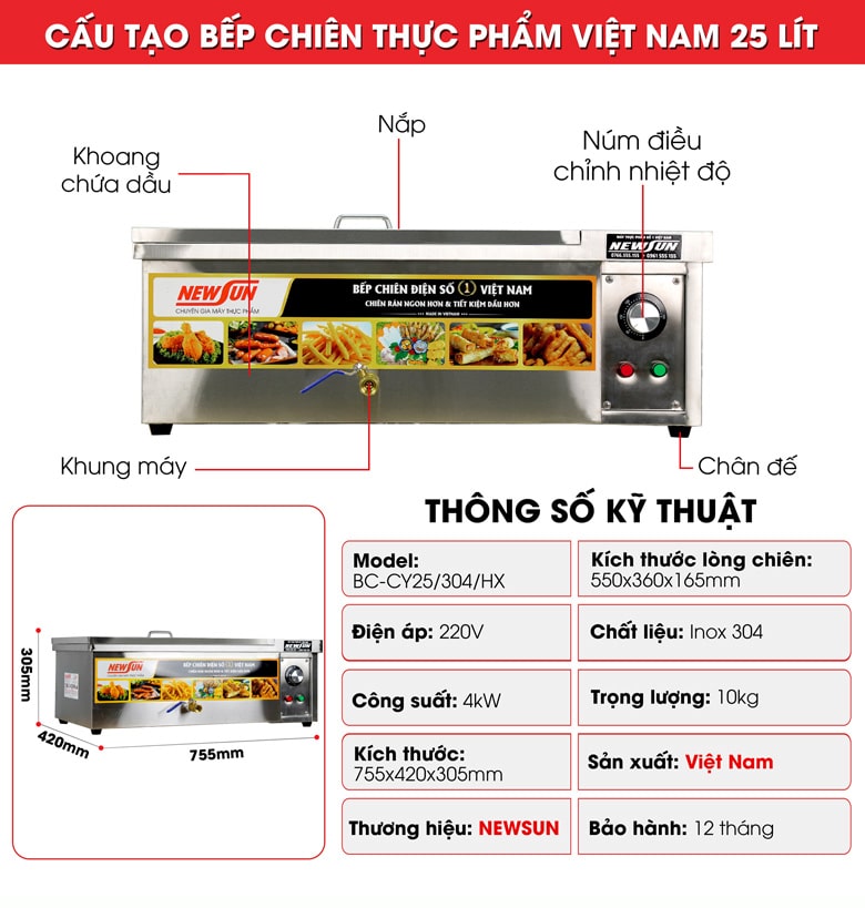 Cấu tạo bếp chiên thực phẩm Việt Nam 25 lít (inox 304)