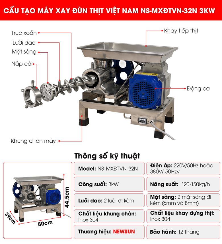 Cấu tạo máy xay đùn thịt Việt Nam NS-MXĐTVN-32N 3kW
