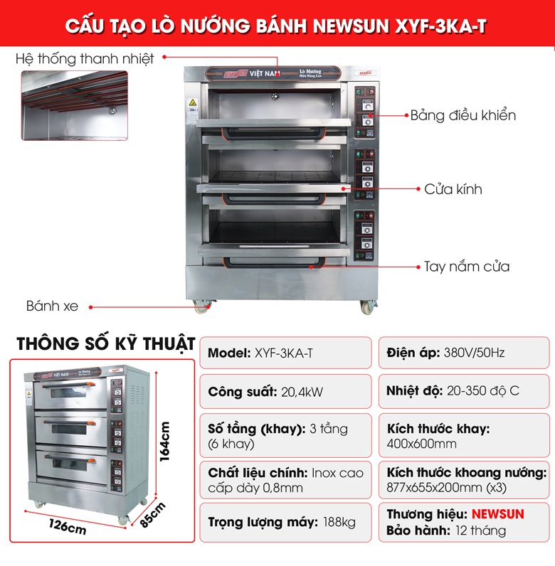 Cấu tạo lò nướng bánh 3 tầng 6 khay XYF-3KA-T