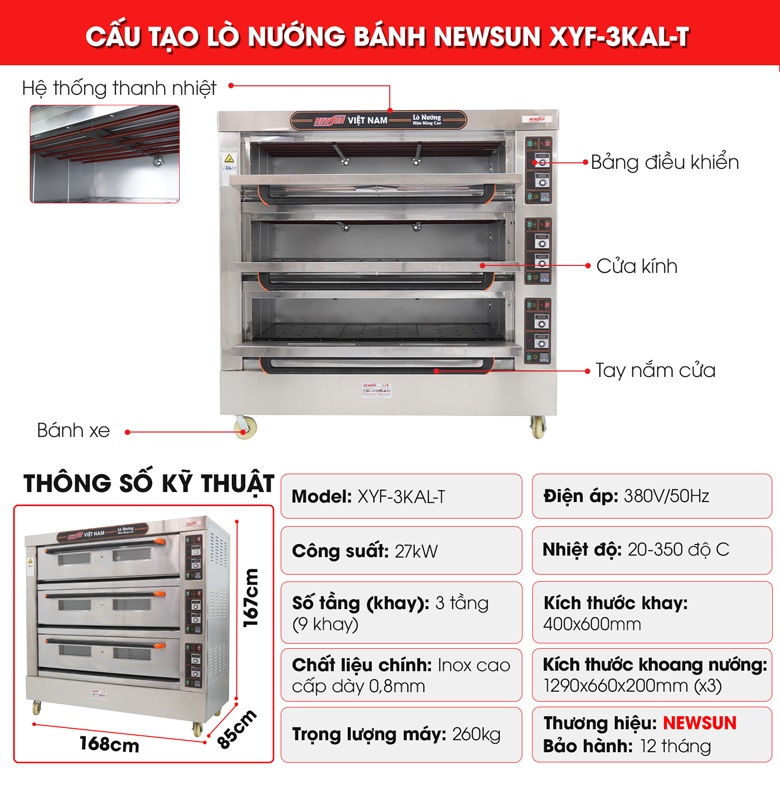 Cấu tạo lò nướng bánh NEWSUN 3 tầng 9 khay XYF-3KAL-T