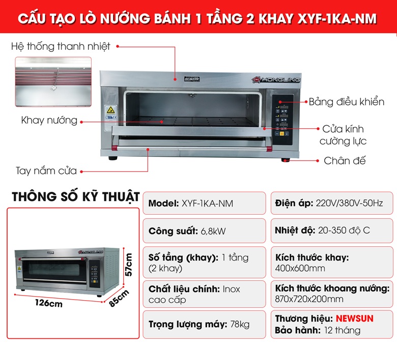Cấu tạo lò nướng bánh NEWSUN 1 tầng 2 khay XYF-1KA-NM