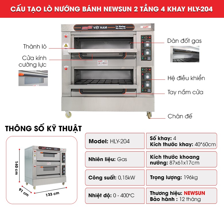 Cấu tạo lò nướng bánh 2 tầng 4 khay gas HLY-204