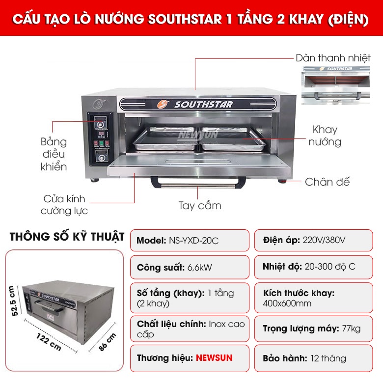 Cấu tạo lò nướng bánh ngọt Southstar dùng điện 1 tầng 2 khay