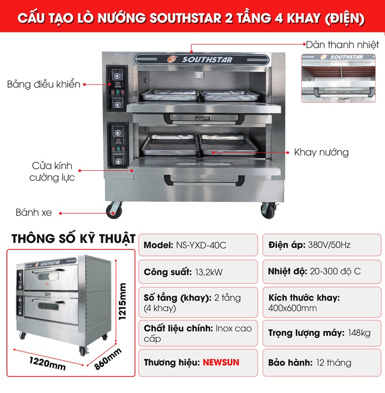 Cấu tạo lò nướng bánh ngọt Southstar dùng điện 2 tầng 4 khay Cấu tạo lò nướng bánh ngọt Southstar dùng điện 2 tầng 4 khay