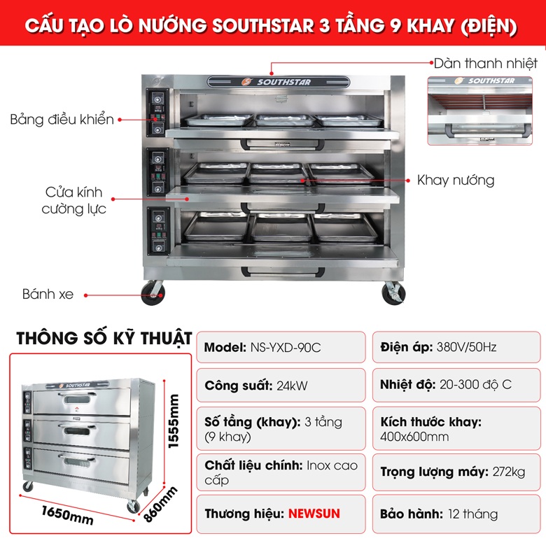 Cấu tạo lò nướng bánh Southstar dùng điện 3 tầng 9 khay Cấu tạo lò nướng bánh Southstar dùng điện 3 tầng 9 khay