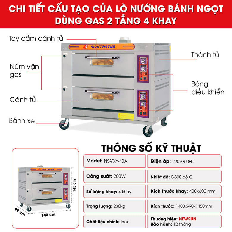 Cấu tạo lò nướng bánh ngọt dùng gas 2 tầng 4 khay