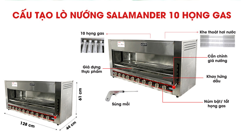 Cấu tạo lò nướng Salamander 10 họng gas Việt Nam