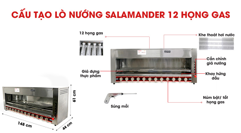 Cấu tạo lò nướng Salamander 12 họng gas Việt Nam