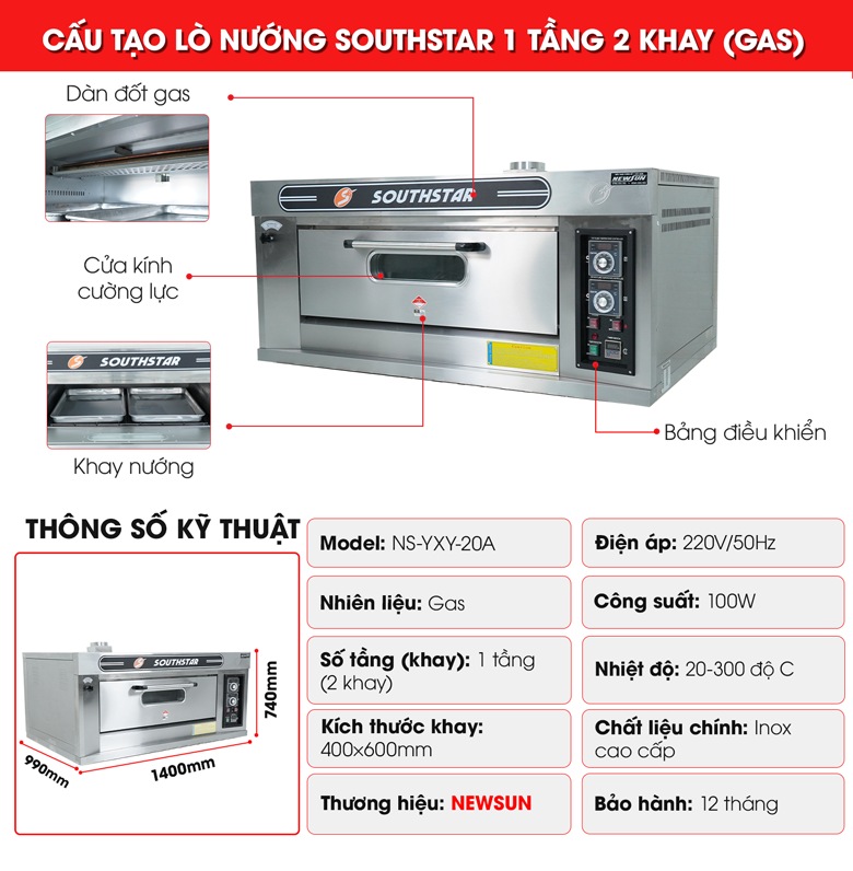 Cấu tạo lò nướng bánh Southstar dùng gas 1 tầng 2 khay Cấu tạo lò nướng bánh Southstar dùng gas 1 tầng 2 khay