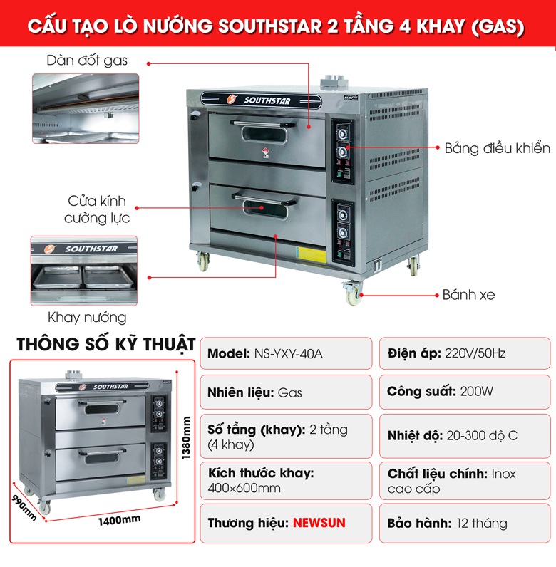 Cấu tạo lò nướng bánh Southstar dùng gas 2 tầng 4 khay Cấu tạo lò nướng bánh Southstar dùng gas 2 tầng 4 khay