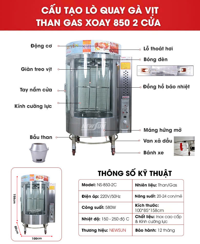Cấu tạo của lò quay vịt than gas xoay 850