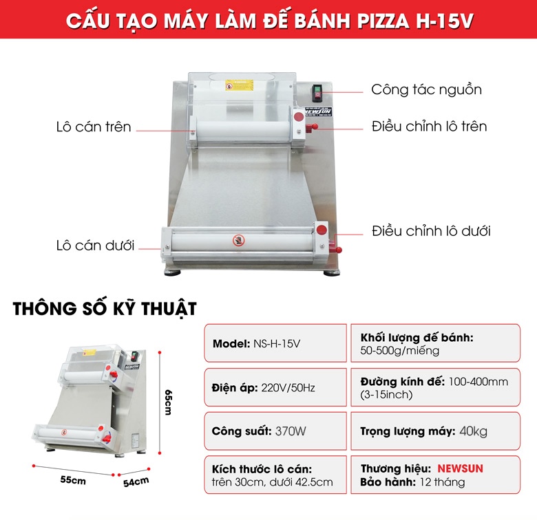 Cấu tạo máy làm đế bánh Pizza H-15V