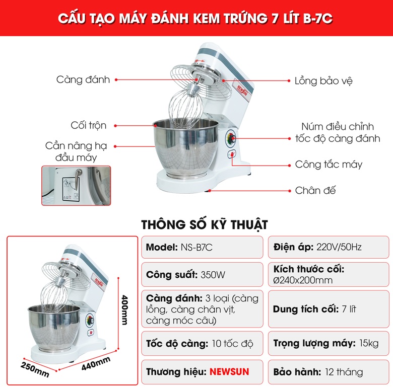 Cấu tạo máy đánh kem trứng 7 lít B-7C