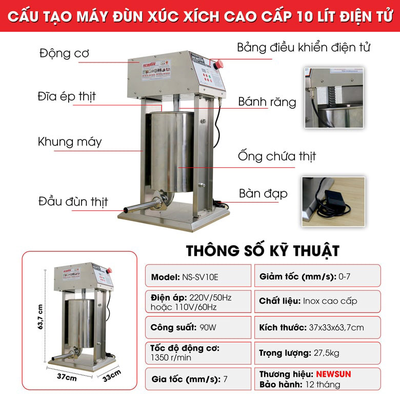 Cấu tạo máy đùn xúc xích cao cấp điện tử 10 lít