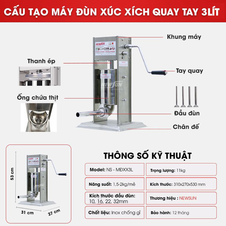 Cấu tạo máy đùn xúc xích quay tay 3 lít