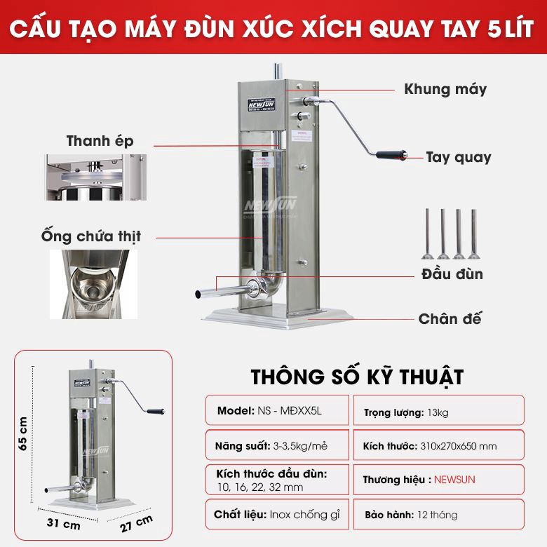 Cấu tạo máy đùn xúc xích quay tay 5 lít