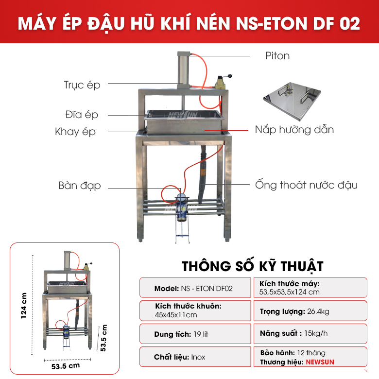 Cấu tạo máy ép đậu hũ khí nén ETON DF02